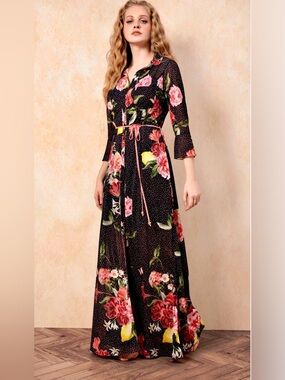 Antix Black Maxi Dress with Pink Rose & Yellow Fruit Print